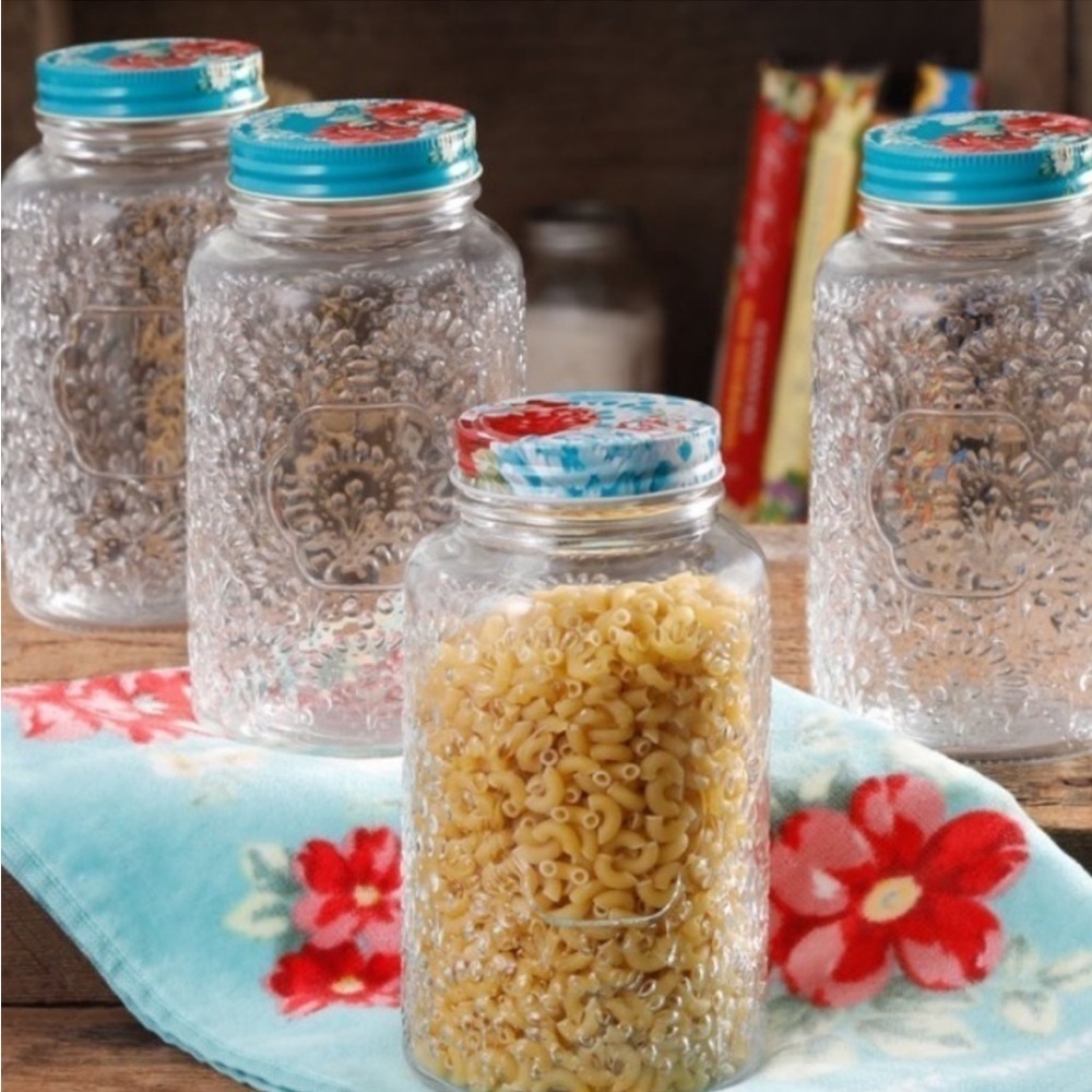 New -Rare - The Pioneer Woman Betsy Set of 4, 32-Oz. Glass Mason Jars with Lids: - Picture 2 of 4